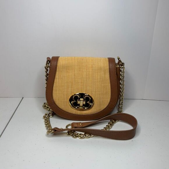 Emma Fox Straw Leather Beige Designer Crossbody Bag Gold Chain Round Purse Women - Picture 1 of 12